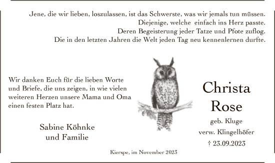 Todesanzeige von Christa Rose von WA