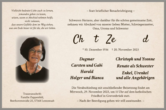 Todesanzeige von Christel Zeppenfeld von WA