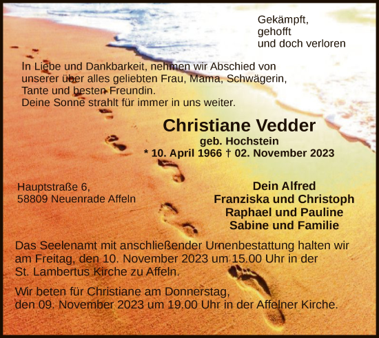 Todesanzeige von Christiane Vedder von WA