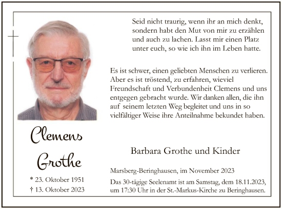 Todesanzeige von Clemens Grothe von WA