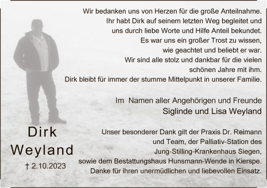 Todesanzeige von Dirk Weyland von WA