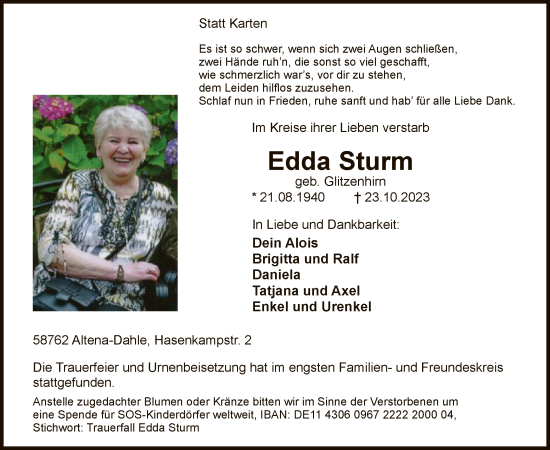 Todesanzeige von Edda Sturm von WA