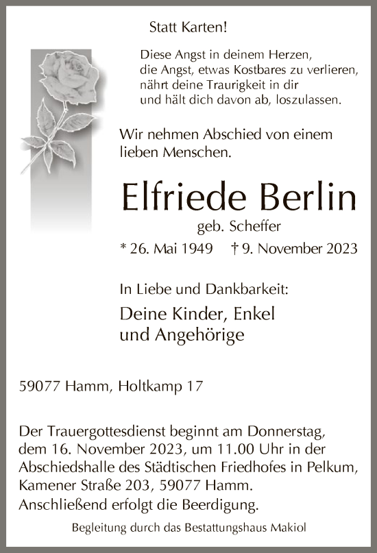 Todesanzeige von Elfriede Berlin von WA
