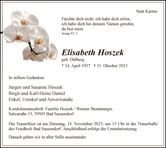 Todesanzeige von Elisabeth Hoszek von WA