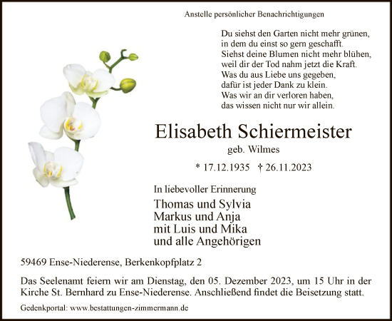 Todesanzeige von Elisabeth Schiermeister von WA
