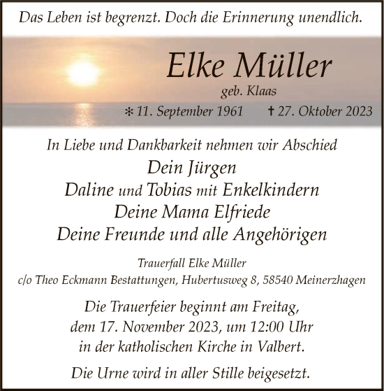 Todesanzeige von Elke Müller von WA