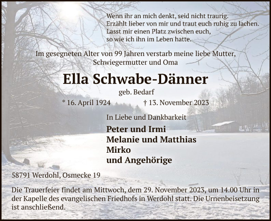 Todesanzeige von Ella Schwabe-Dänner von WA