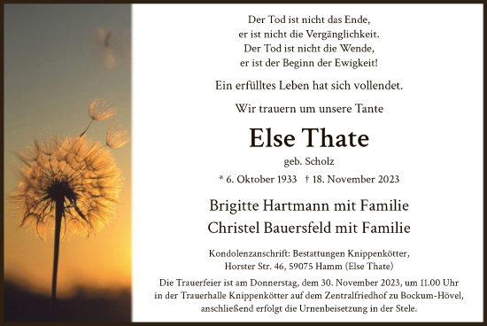 Todesanzeige von Else Thate von WA