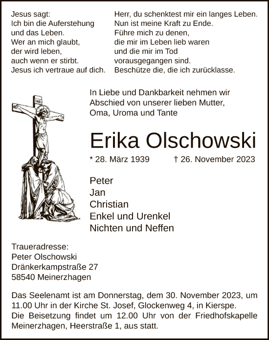 Todesanzeige von Erika Olschowski von WA