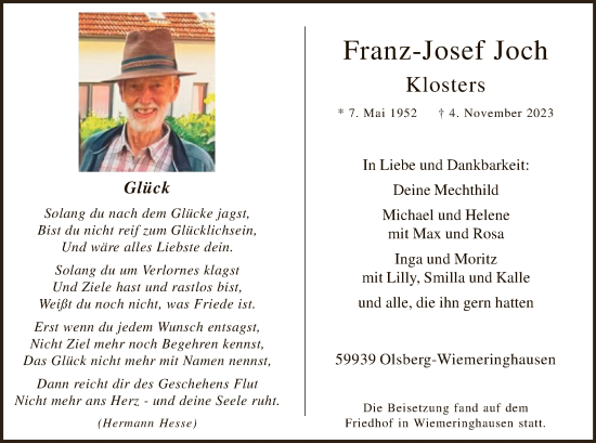 Todesanzeige von Franz-Josef Joch Klosters von WA