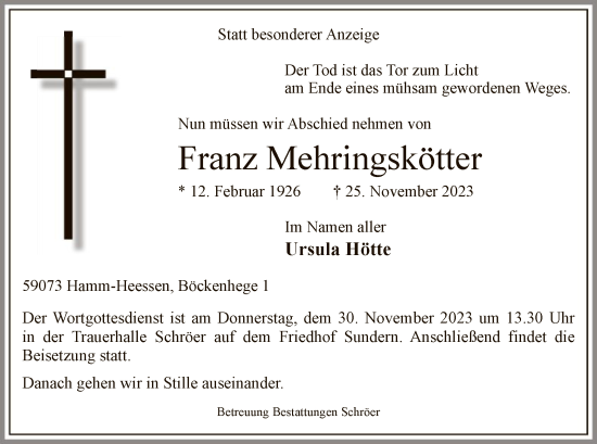 Todesanzeige von Franz Mehringskötter von WA