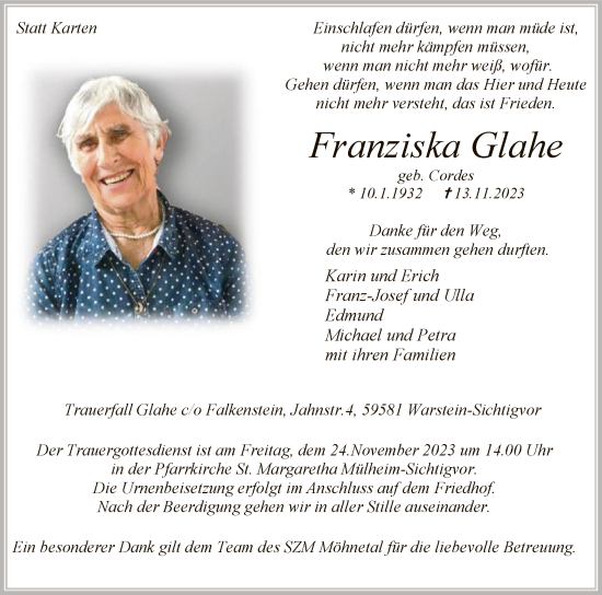 Todesanzeige von Franziska Glahe von WA