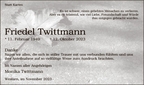 Todesanzeige von Friedel Twittmann von WA