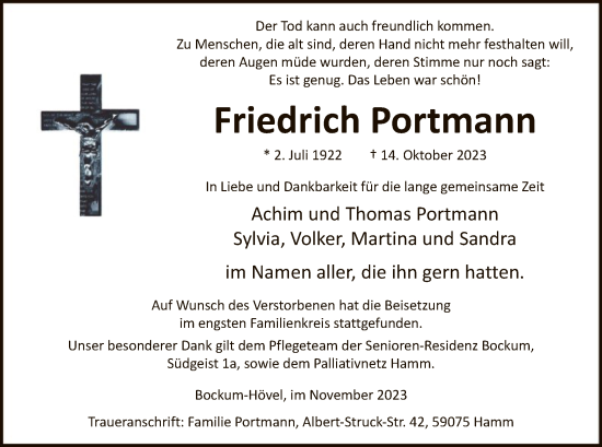 Todesanzeige von Friedrich Portmann von WA