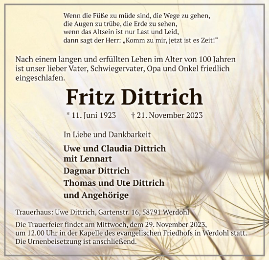 Todesanzeige von Fritz Dittrich von WA