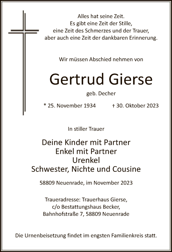 Todesanzeige von Gertrud Gierse von WA
