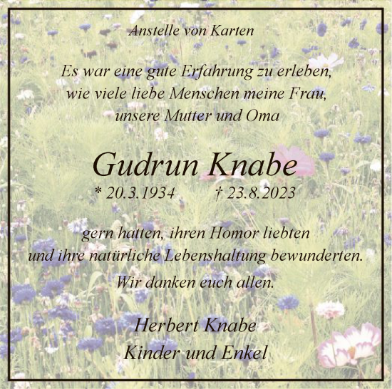 Todesanzeige von Gudrun Knabe von WA