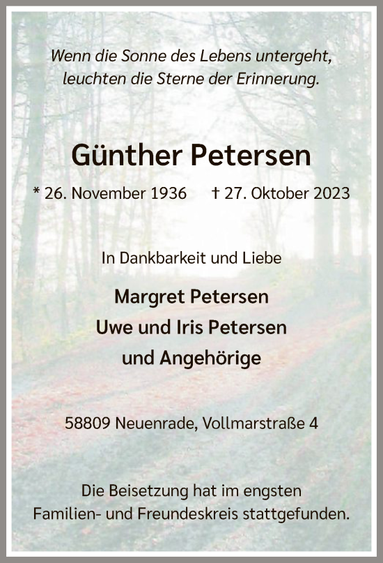 Todesanzeige von Günther Petersen von WA