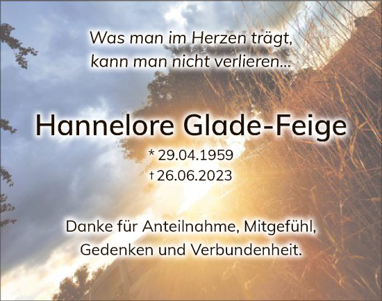 Todesanzeige von Hannelore Glade-Feige von WA