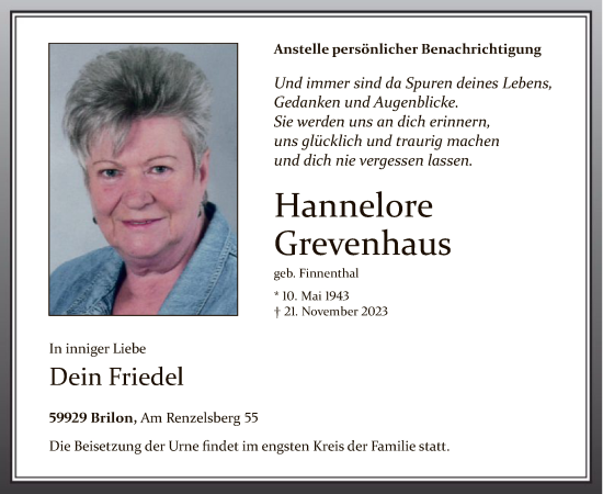 Todesanzeige von Hannelore Grevenhaus von WA