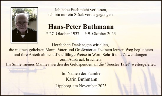 Todesanzeige von Hans-Peter Buthmann von WA