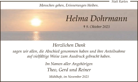 Todesanzeige von Helma Dohrmann von WA