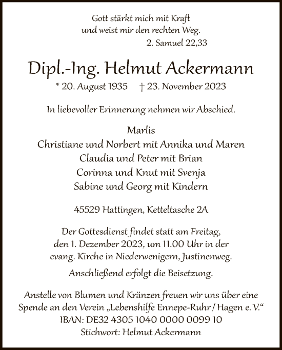 Todesanzeige von Helmut Ackermann von WA