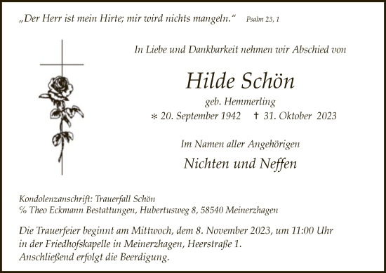 Todesanzeige von Hilde Schön von WA