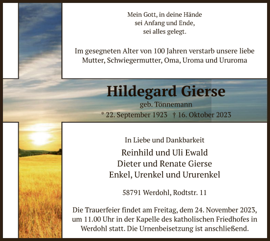 Todesanzeige von Hildegard Gierse von WA