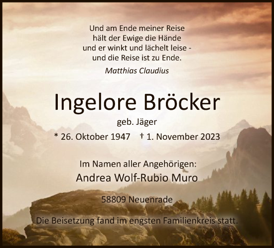 Todesanzeige von Ingelore Bröcker von WA
