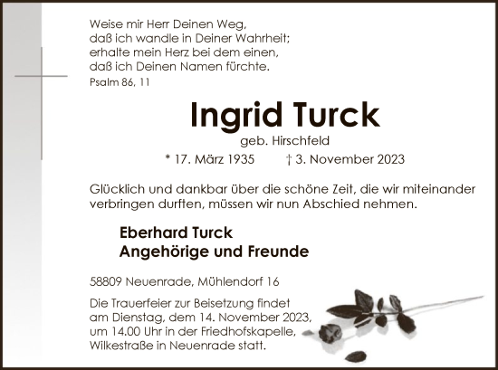 Todesanzeige von Ingrid Turck von WA