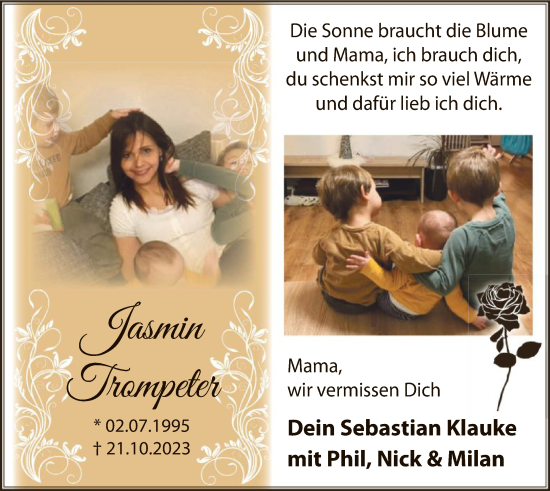 Todesanzeige von Jasmin Trompeter von WA