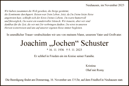 Todesanzeige von Joachim  Schuster von WA