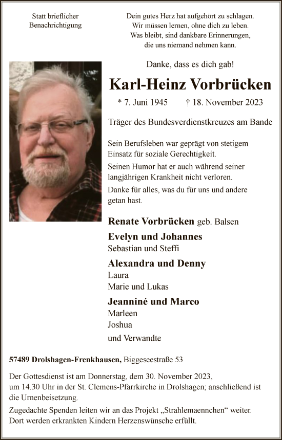 Todesanzeige von Karl-Heinz Vorbrücken von WA