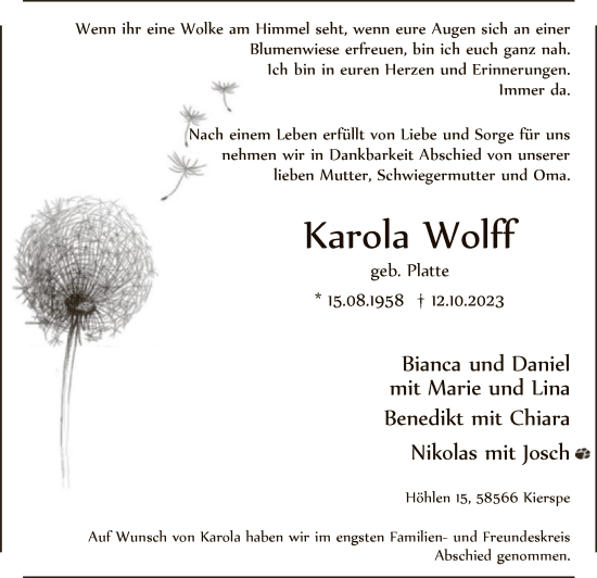 Todesanzeige von Karola Wolff von WA