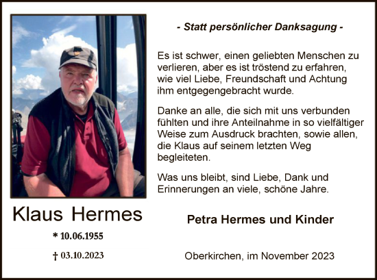 Todesanzeige von Klaus Hermes von WA