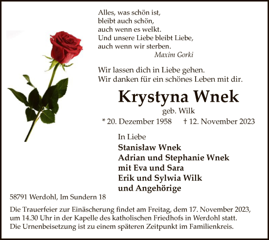 Todesanzeige von Krystyna Wnek von WA