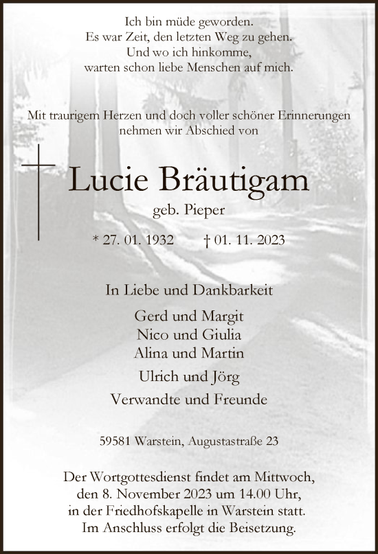 Todesanzeige von Lucie Bräutigam von WA