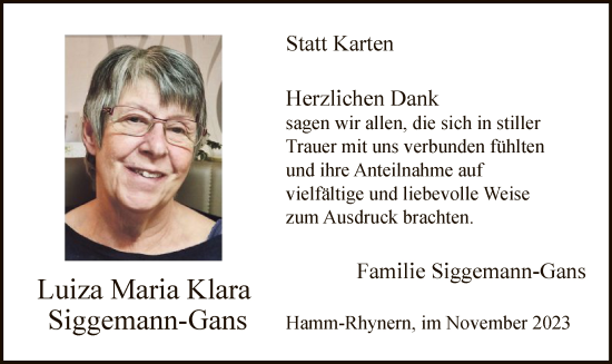 Todesanzeige von Luiza Siggemann-Gans von WA