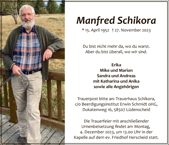 Todesanzeige von Manfred Schikora von WA