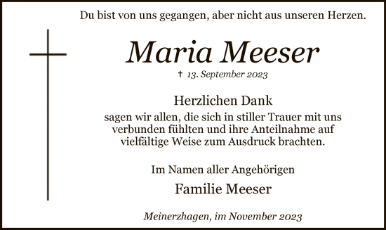 Todesanzeige von Maria Meeser von WA