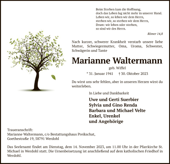 Todesanzeige von Marianne Waltermann von WA