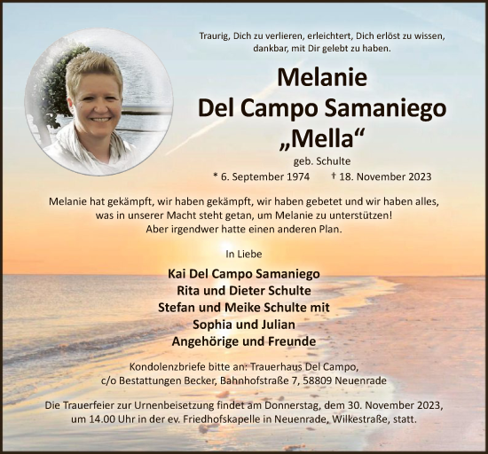 Todesanzeige von Melanie Del Campo Samaniego von WA