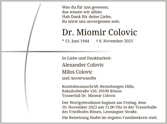 Todesanzeige von Miomir Colovic von WA