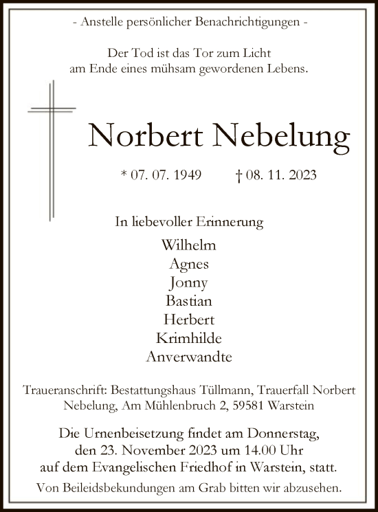 Todesanzeige von Norbert Nebelung von WA