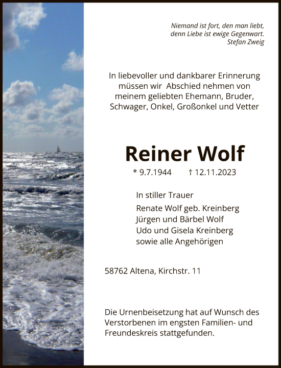 Todesanzeige von Reiner Wolf von WA