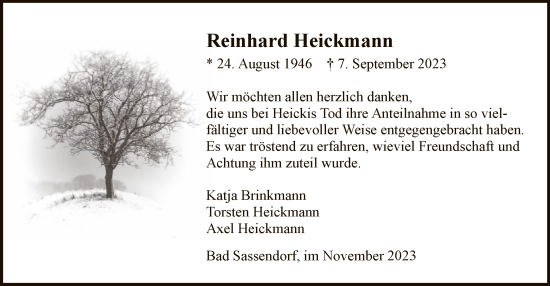 Todesanzeige von Reinhard Heickmann von WA