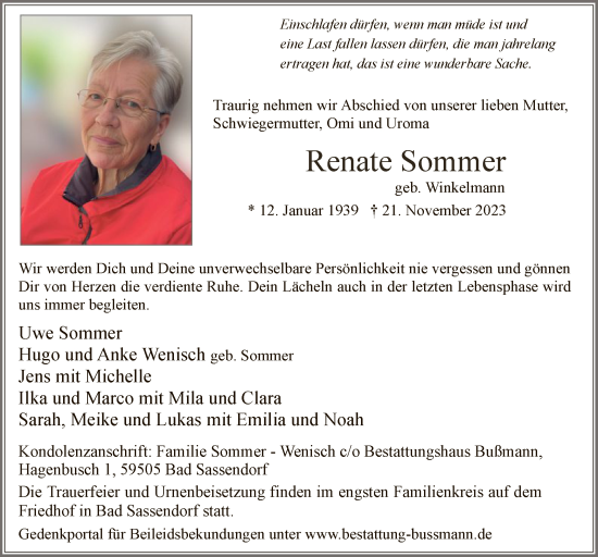 Todesanzeige von Renate Sommer von WA
