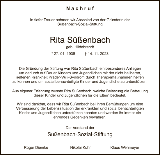 Todesanzeige von Rita Süßenbach von WA