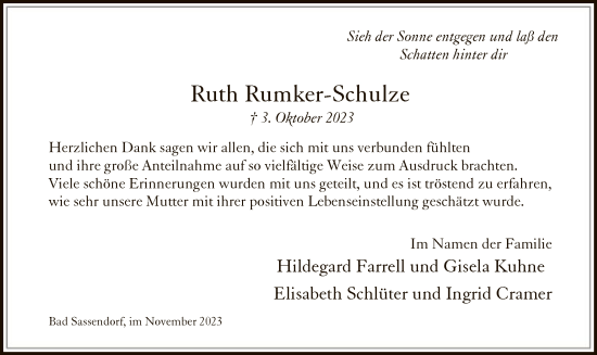 Todesanzeige von Ruth Rumker-Schulze von WA
